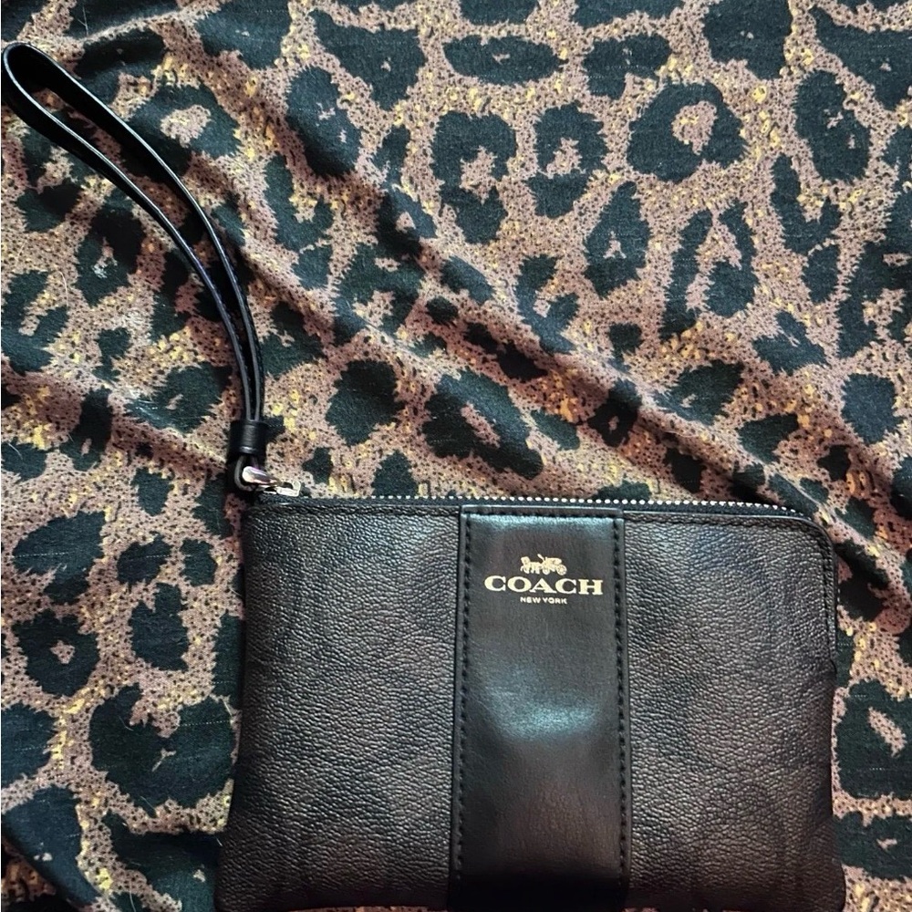 Coach Black Leather Wristlet with Gold Logo